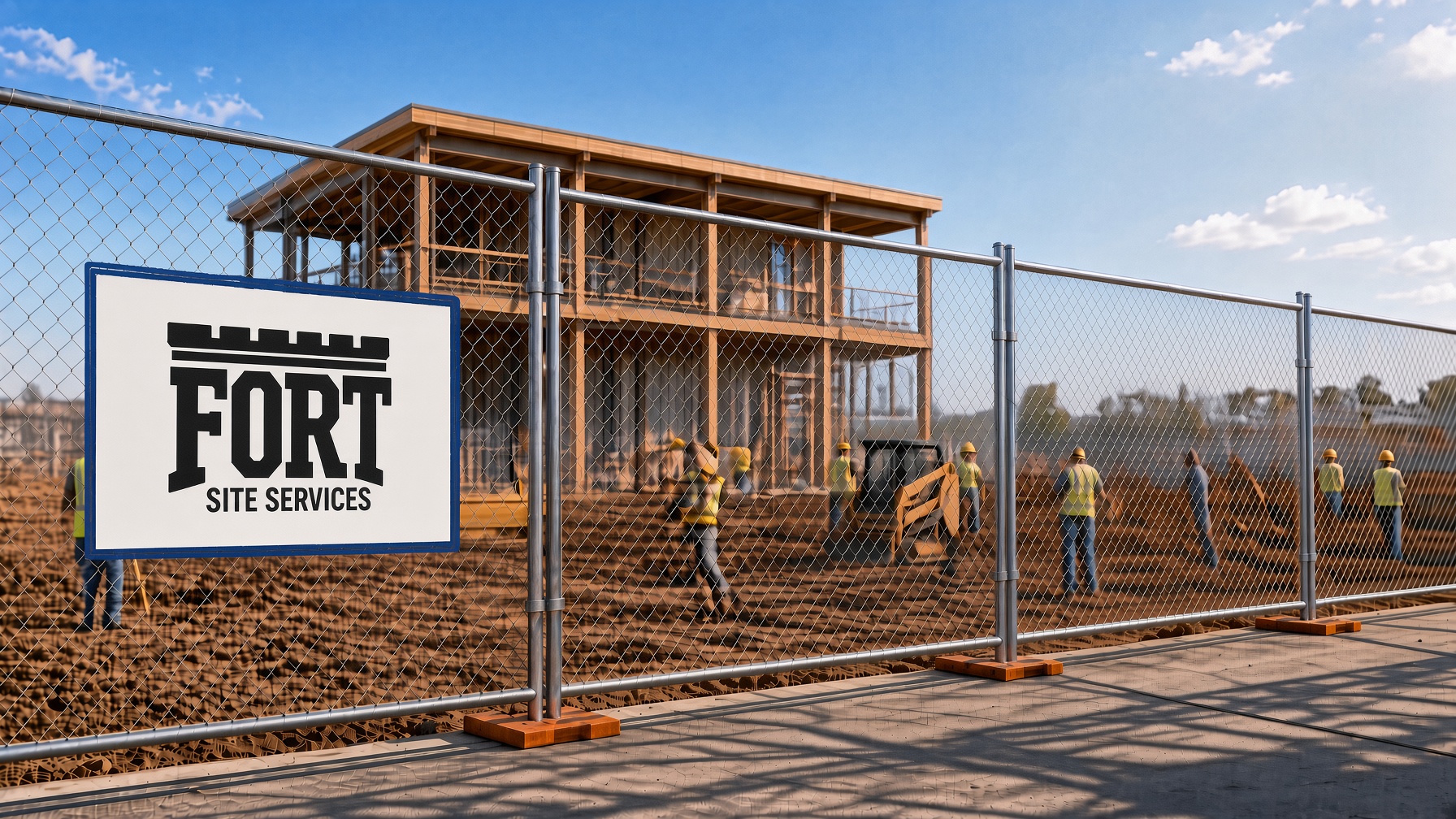 Temporary construction fencing around a house under construction