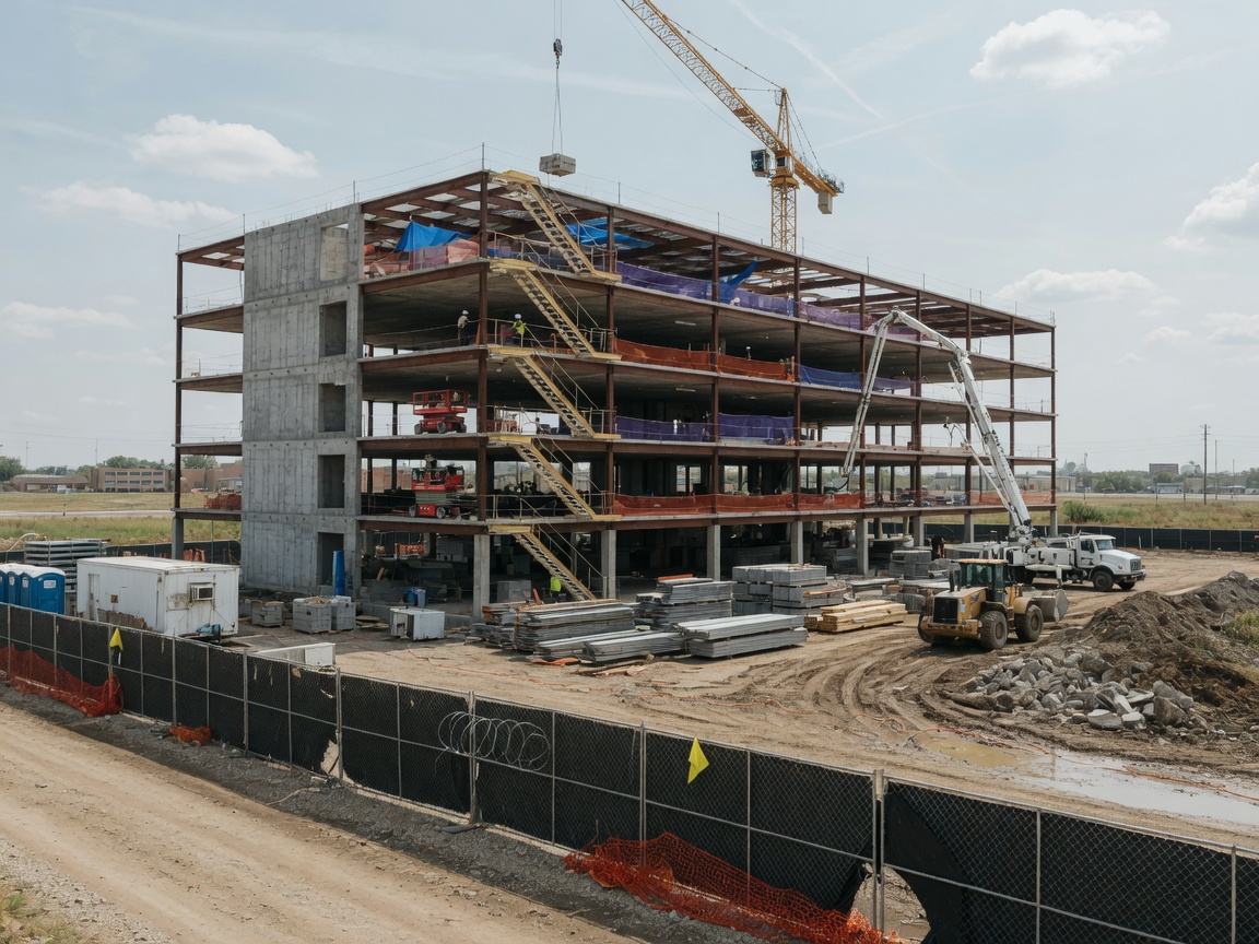 Commercial construction site with temporary fencing
