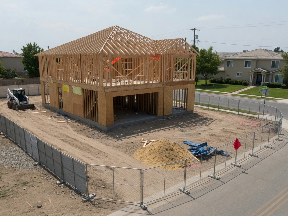 Home under construction with temporary fencing